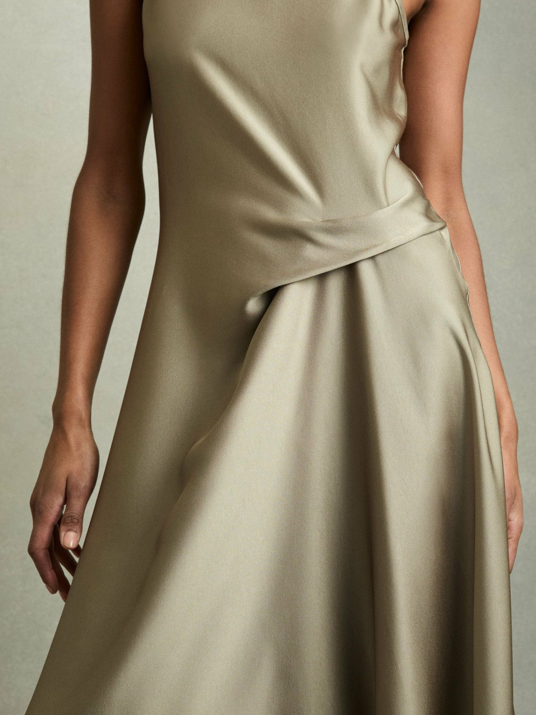 Satin Drape Tuck Midi Dress in Khaki | Reiss Women Trending