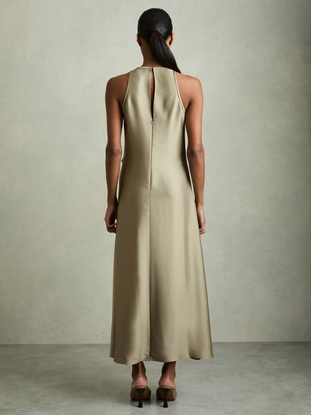 Satin Drape Tuck Midi Dress in Khaki | Reiss Women Trending