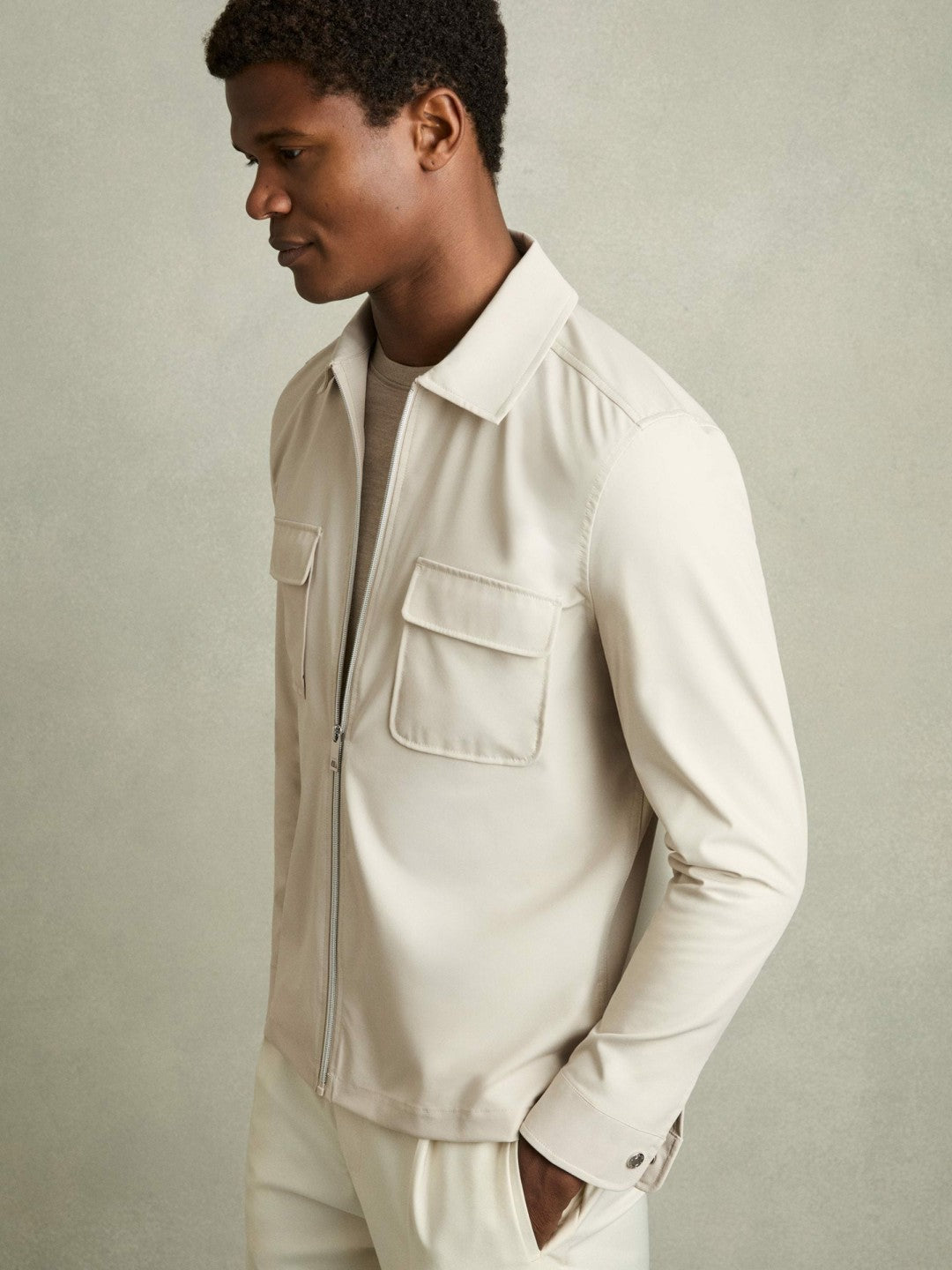 Technical Zip-Through Overshirt in Stone | Reiss Men Signature