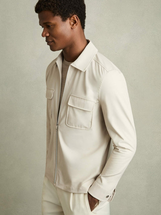 Technical Zip-Through Overshirt in Stone | Reiss Men Signature