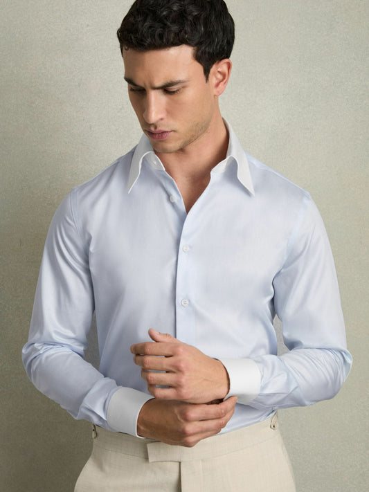 Regular-Fit Cotton Pin-Collar Shirt in Contrast S Blue | Reiss Men Featured