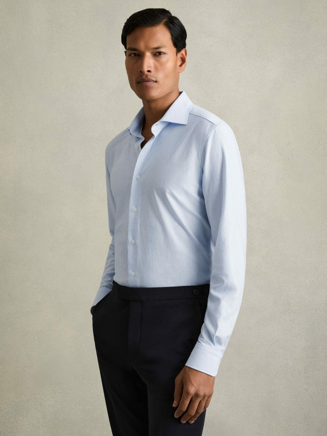 Cotton-Blend Cutaway-Collar Striped Shirt in Blue Stripe | Reiss Men Trending