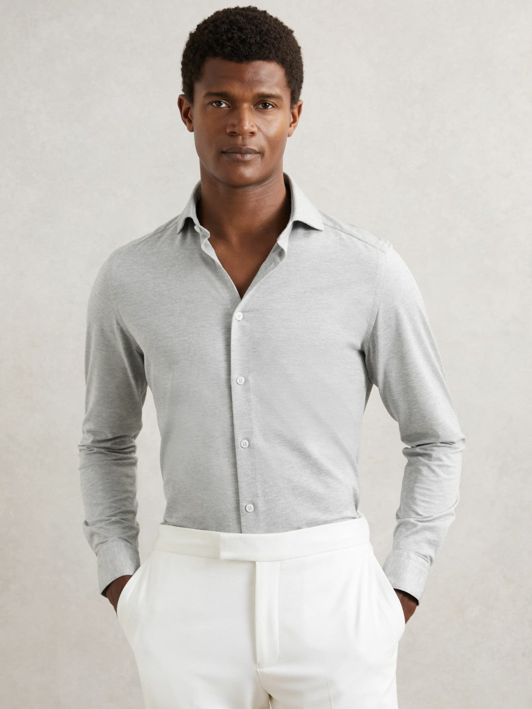 Cotton-Blend Jersey Cutaway-Collar Shirt in Grey Melange | Reiss Men Trending