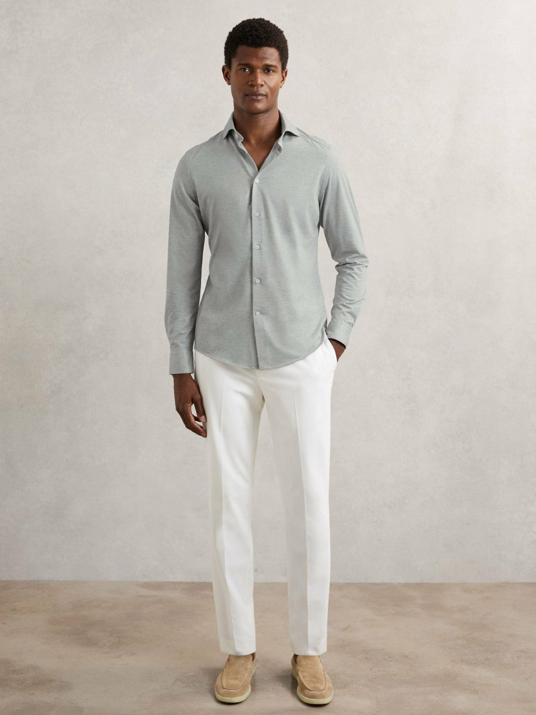 Cotton-Blend Jersey Cutaway-Collar Shirt in Grey Melange | Reiss Men Trending