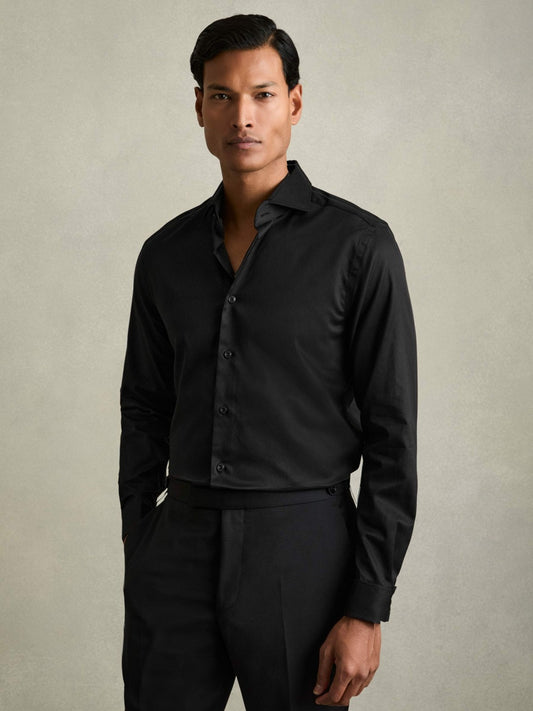Regular Fit Slim-Fit Cotton Double-Cuff Shirt in Black | Reiss Men Popular