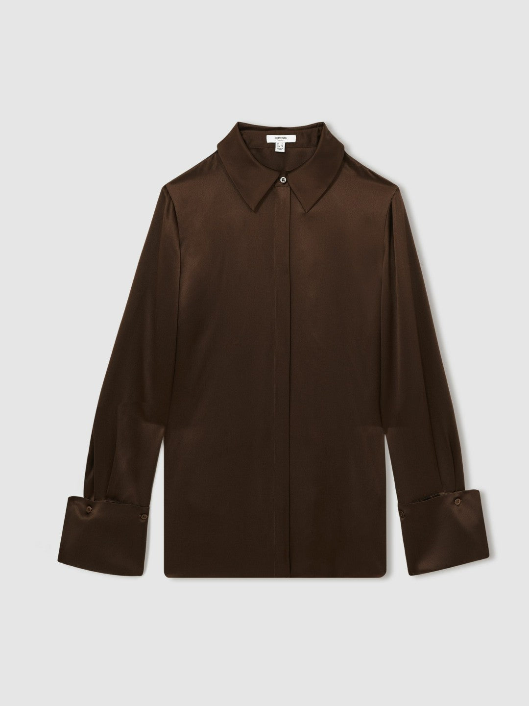 Silk Double-Cuff Button-Through Shirt in Chocolate | Reiss Women Signature