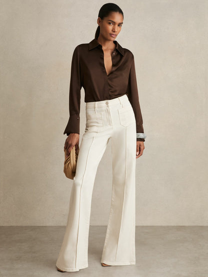 Silk Double-Cuff Button-Through Shirt in Chocolate | Reiss Women Signature