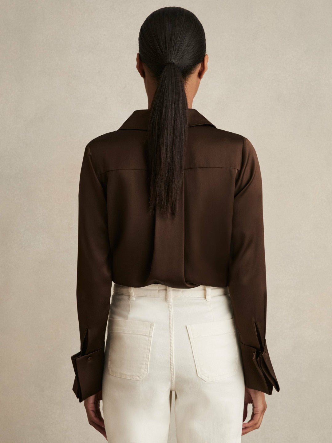 Silk Double-Cuff Button-Through Shirt in Chocolate | Reiss Women Signature