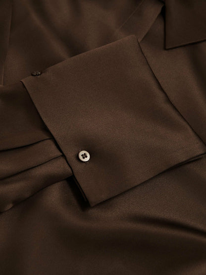 Silk Double-Cuff Button-Through Shirt in Chocolate | Reiss Women Signature