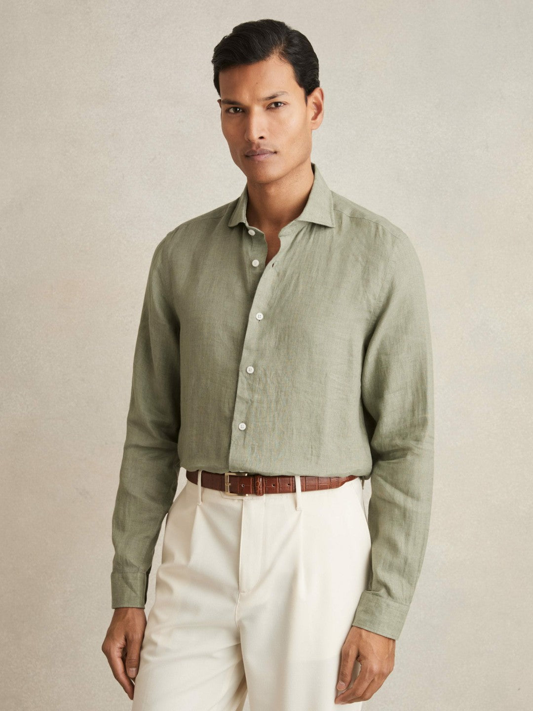 Linen Button-Through Shirt in Thyme Green | Reiss Men Best Seller