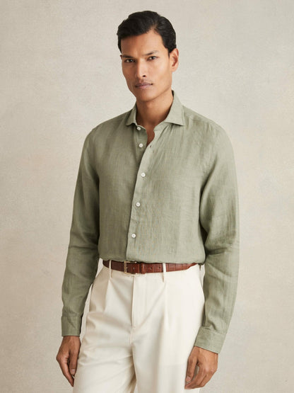 Linen Button-Through Shirt in Thyme Green | Reiss Men Best Seller