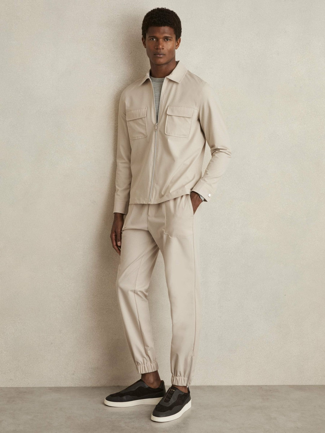 Drawstring Technical Cuffed Trousers in Stone | Reiss Men Recommended