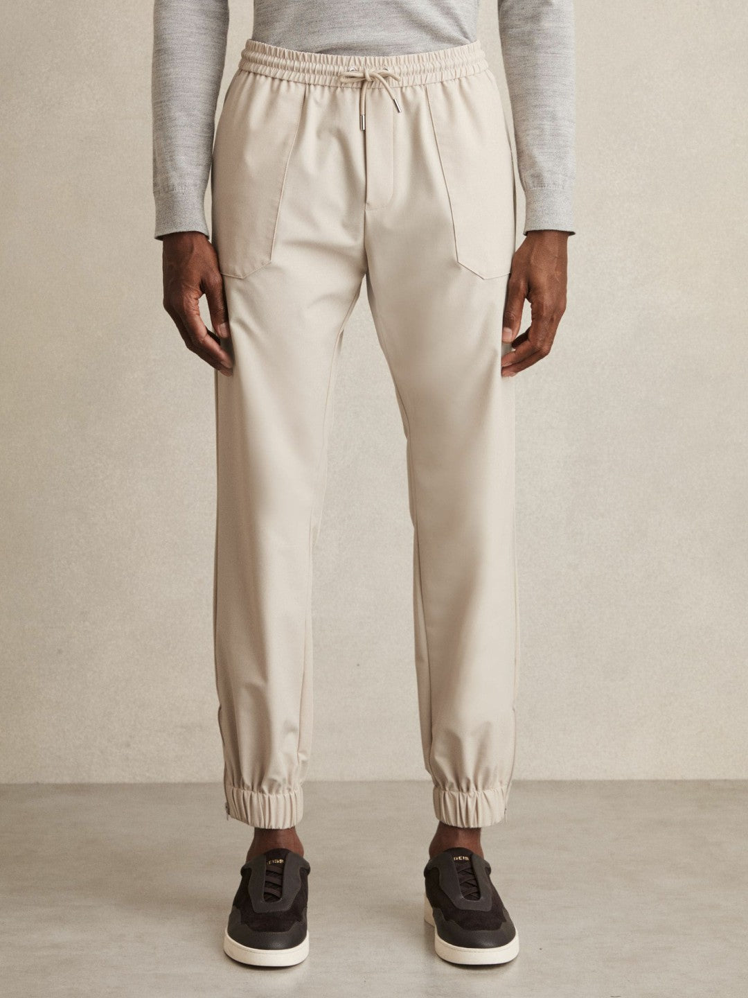 Drawstring Technical Cuffed Trousers in Stone | Reiss Men Recommended