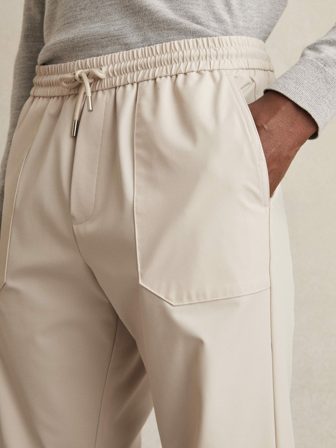 Drawstring Technical Cuffed Trousers in Stone | Reiss Men Recommended