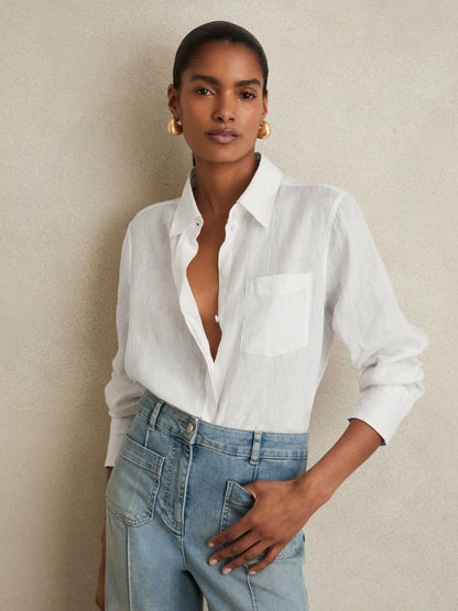 Linen Button-Through Shirt in White | Reiss Women Featured