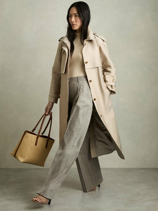 Wool-Blend Wide-Leg Pinstripe Trousers in Grey | Reiss Women New
