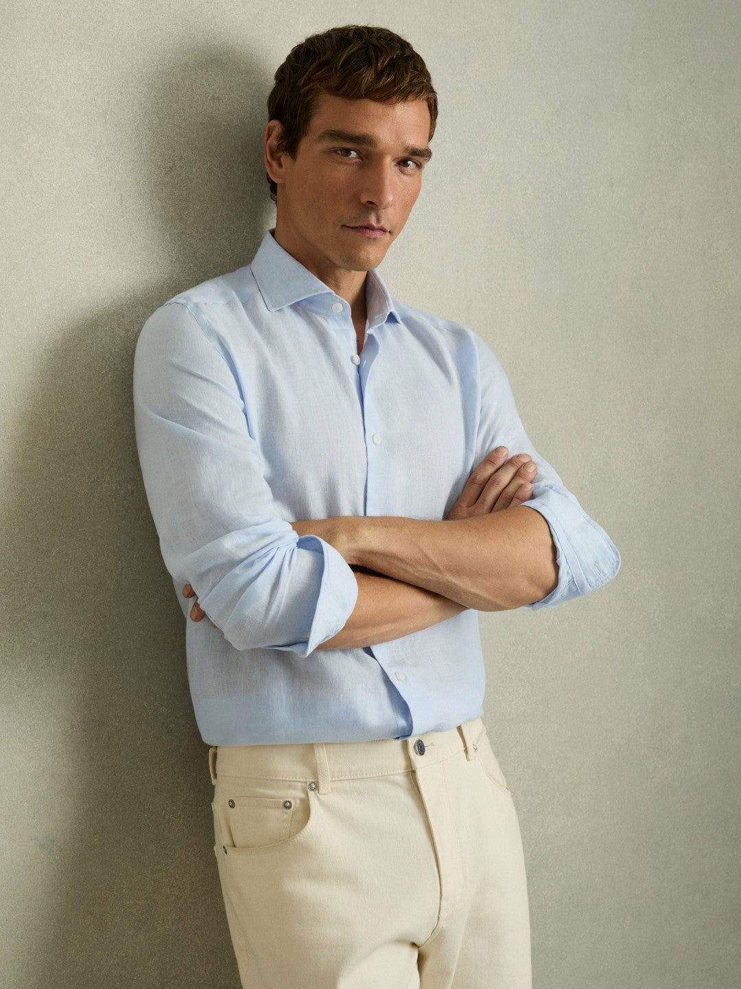 Linen Button-Through Shirt in Pale Blue | Reiss Men Recommended