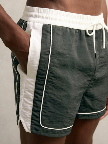 Colour-Block Piped-Trim Swim Shorts in Dark Green/White | Reiss Men Featured