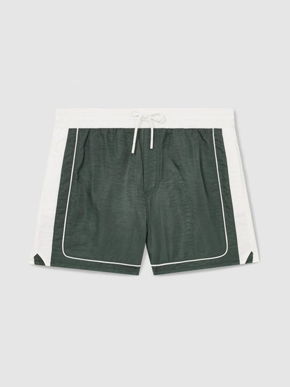 Colour-Block Piped-Trim Swim Shorts in Dark Green/White | Reiss Men Featured