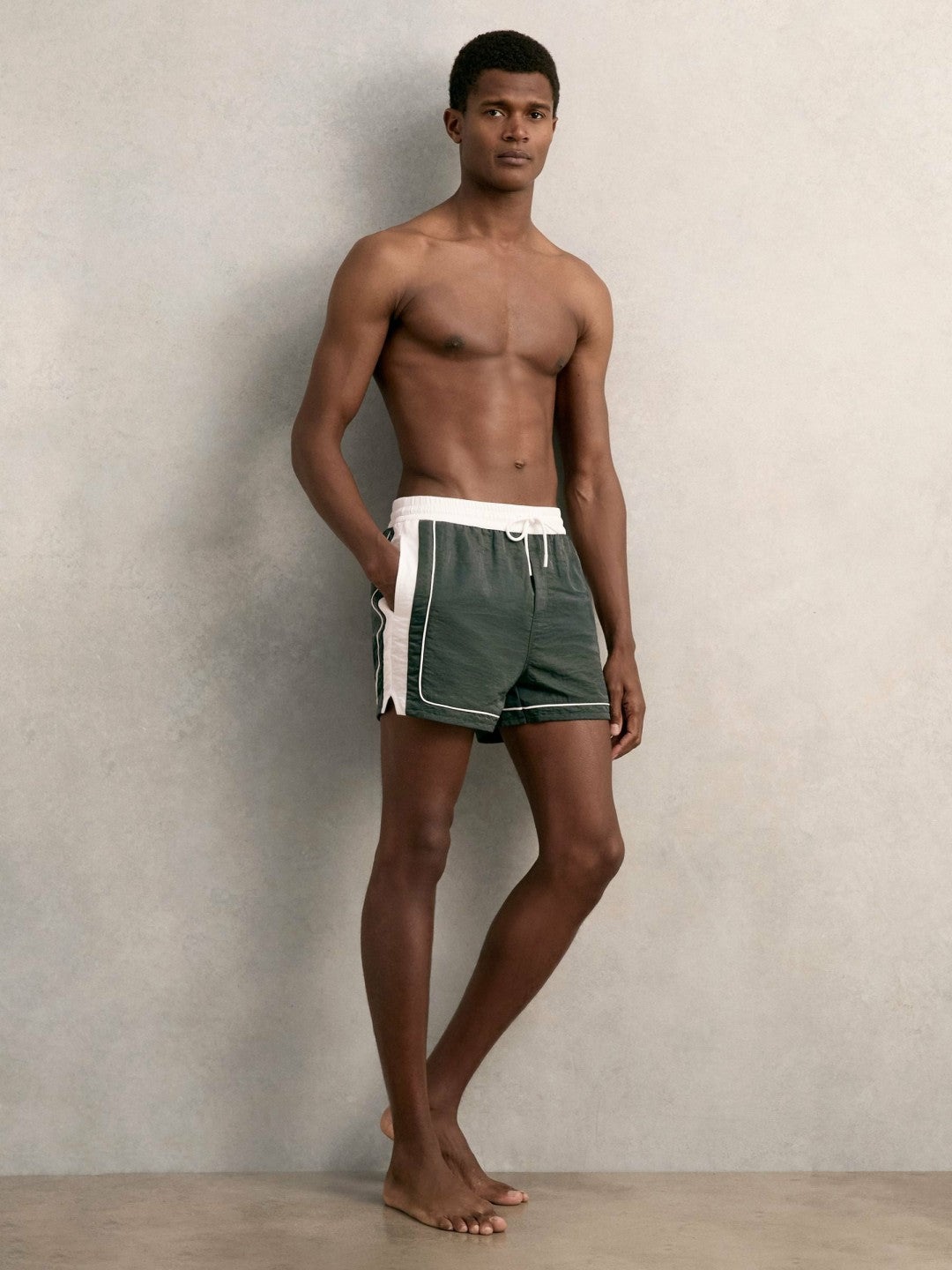 Colour-Block Piped-Trim Swim Shorts in Dark Green/White | Reiss Men Featured