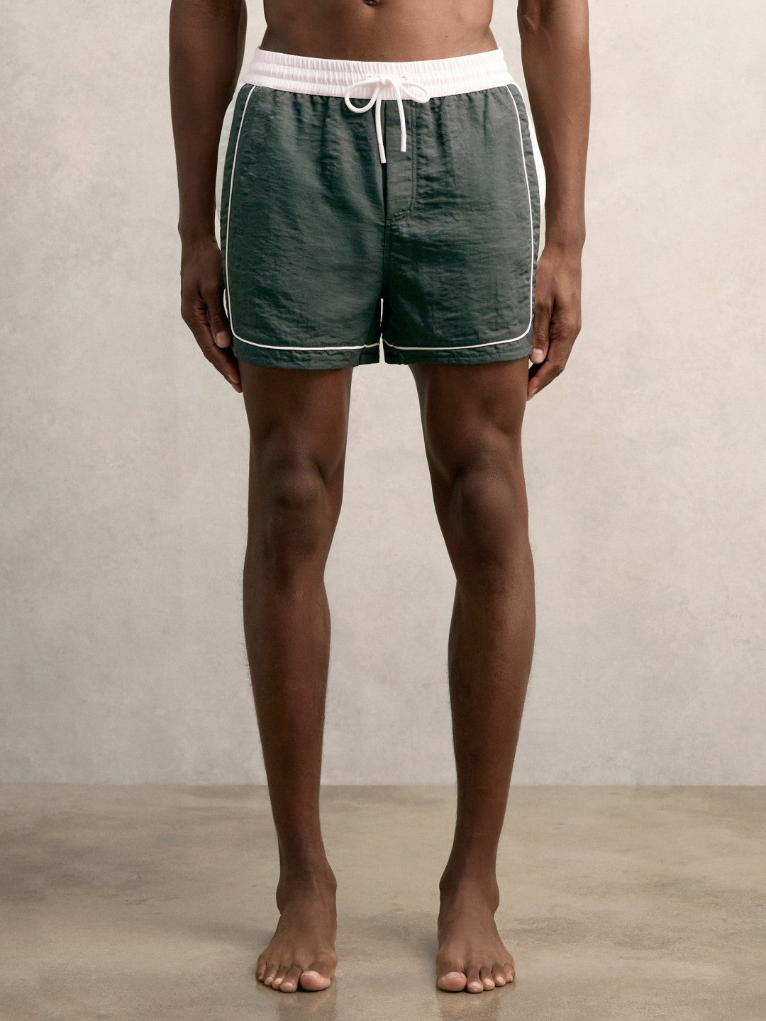 Colour-Block Piped-Trim Swim Shorts in Dark Green/White | Reiss Men Featured