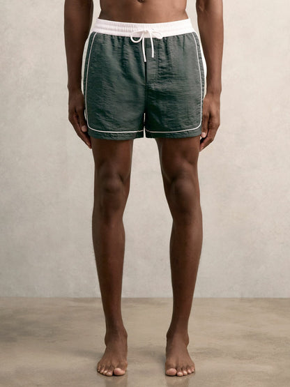 Colour-Block Piped-Trim Swim Shorts in Dark Green/White | Reiss Men Featured