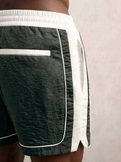 Colour-Block Piped-Trim Swim Shorts in Dark Green/White | Reiss Men Featured