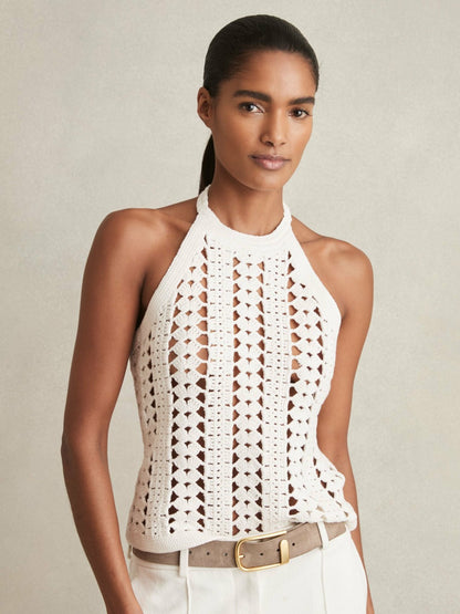 Cotton Crochet Halterneck Vest Top in White | Reiss Women Trending