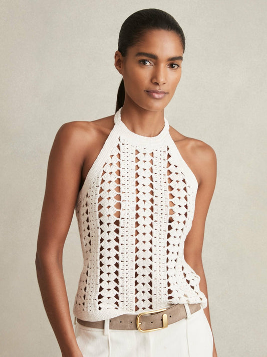 Cotton Crochet Halterneck Vest Top in White | Reiss Women Trending