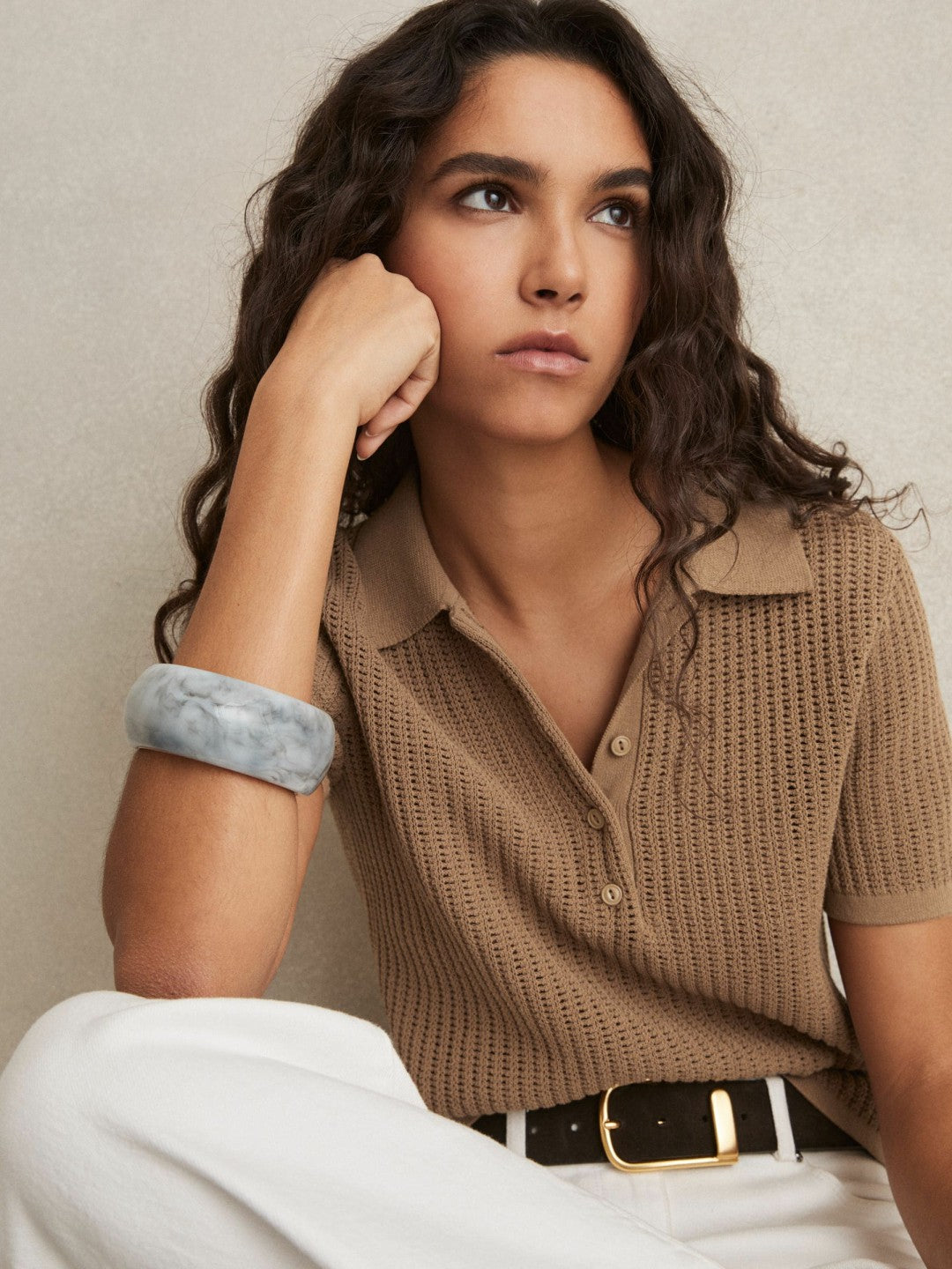 Cotton-Blend Open-Knit Polo Shirt in Tan | Reiss Women Trending