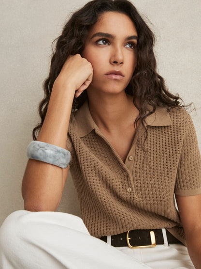 Cotton-Blend Open-Knit Polo Shirt in Tan | Reiss Women Trending
