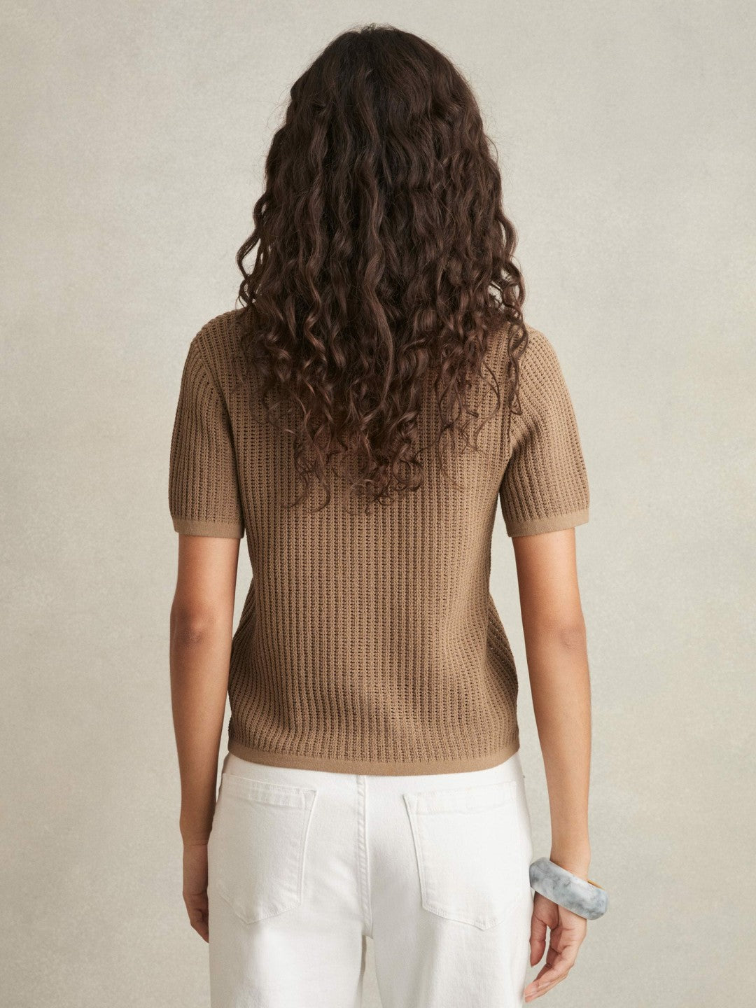 Cotton-Blend Open-Knit Polo Shirt in Tan | Reiss Women Trending