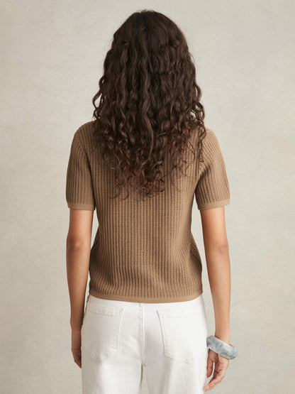 Cotton-Blend Open-Knit Polo Shirt in Tan | Reiss Women Trending