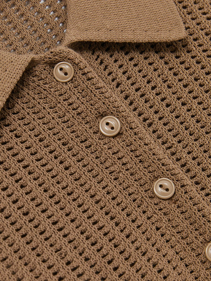 Cotton-Blend Open-Knit Polo Shirt in Tan | Reiss Women Trending
