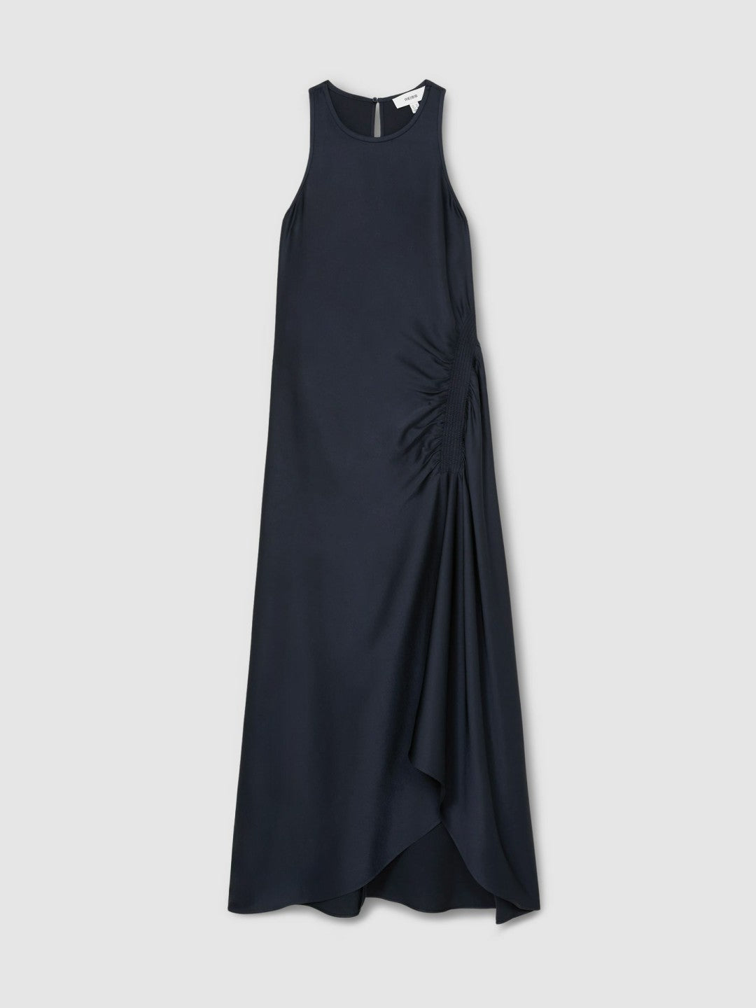 Satin Shirred Midi Dress in Navy | Reiss Women Featured