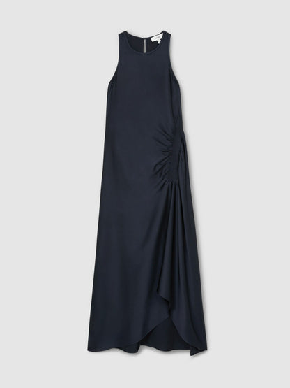 Satin Shirred Midi Dress in Navy | Reiss Women Featured