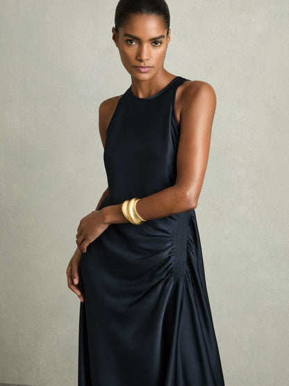 Satin Shirred Midi Dress in Navy | Reiss Women Featured