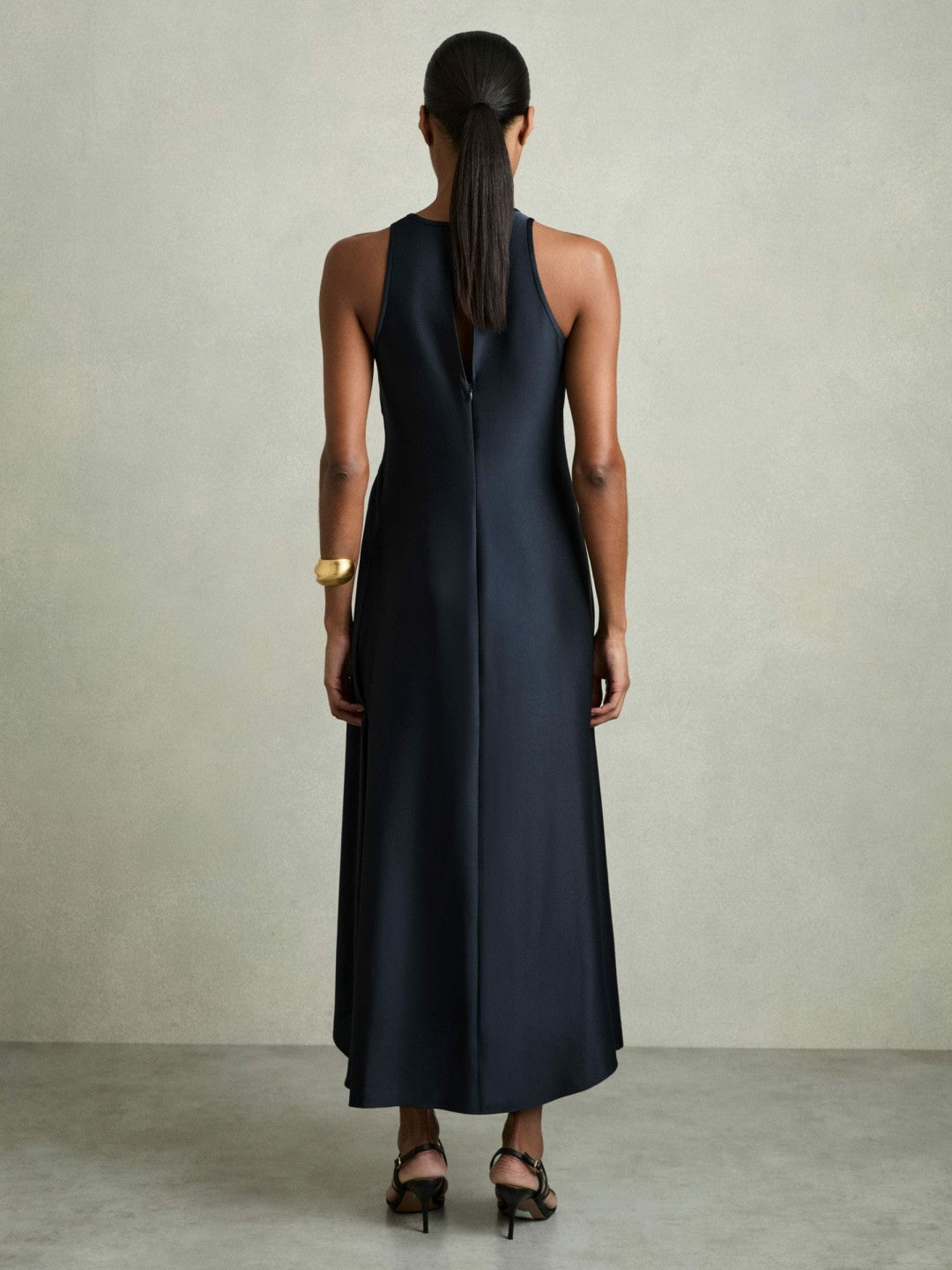 Satin Shirred Midi Dress in Navy | Reiss Women Featured