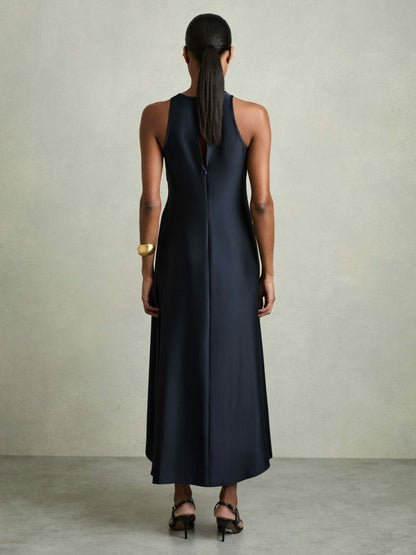 Satin Shirred Midi Dress in Navy | Reiss Women Featured