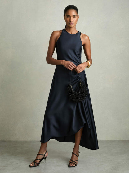 Satin Shirred Midi Dress in Navy | Reiss Women Featured