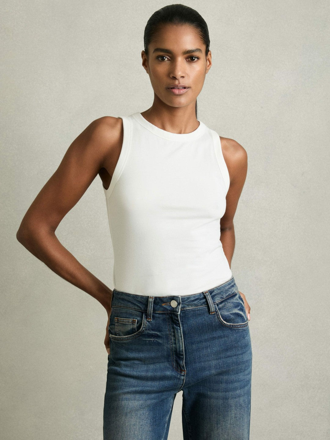 Stretch-Cotton Racerback Vest in White | Reiss Women Best Seller