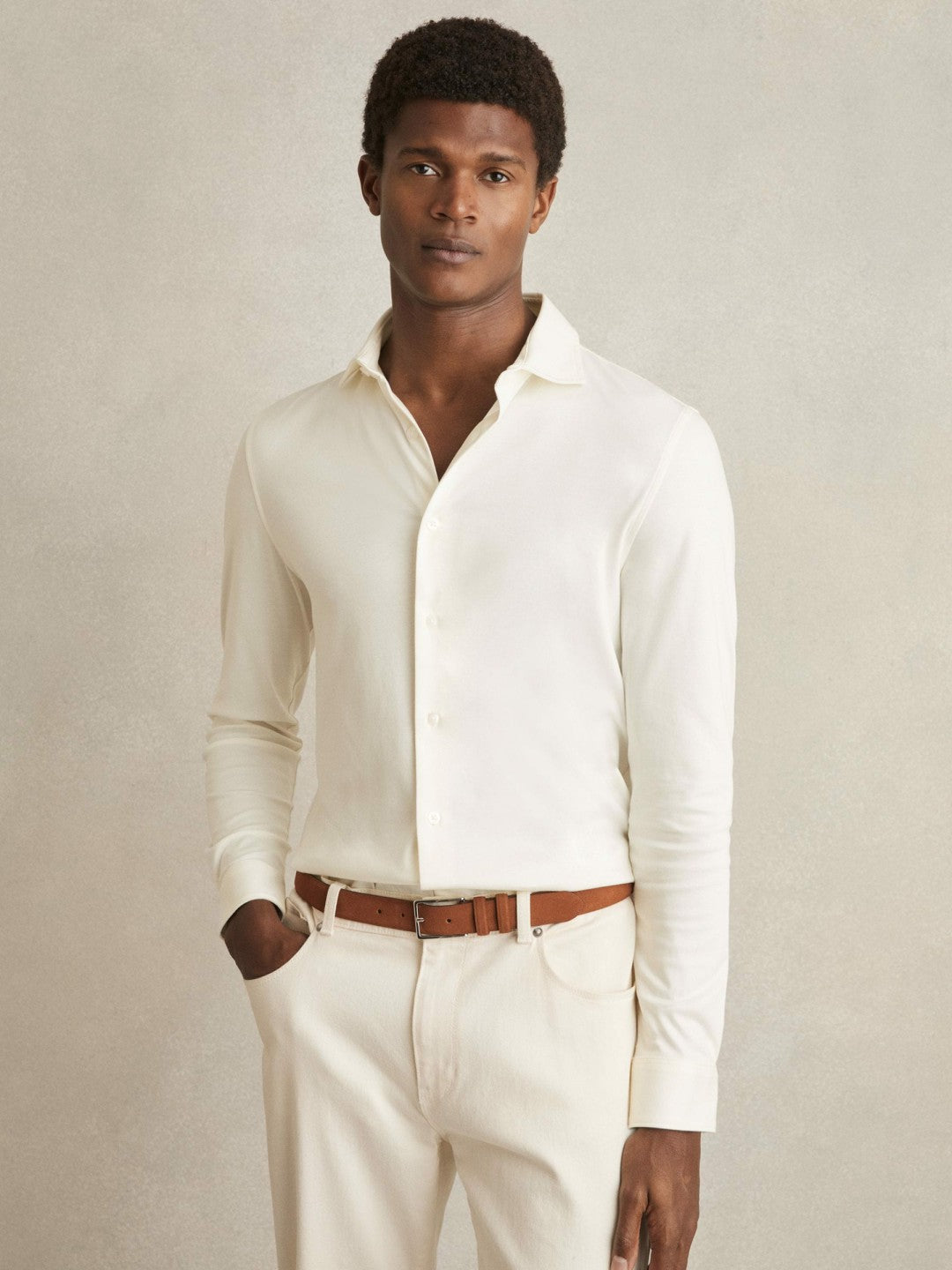 Cotton-Jersey Button-Through Shirt in Ecru | Reiss Men Popular