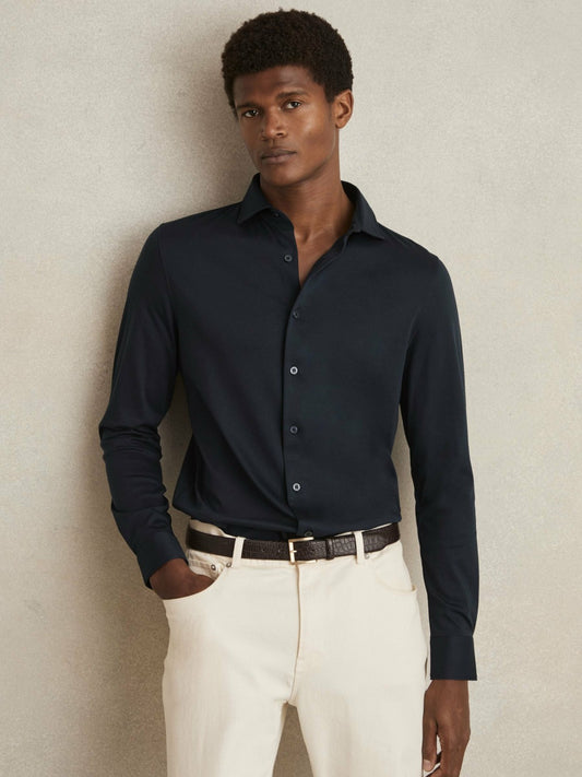 Cotton-Jersey Button-Through Shirt in Navy | Reiss Men Premium