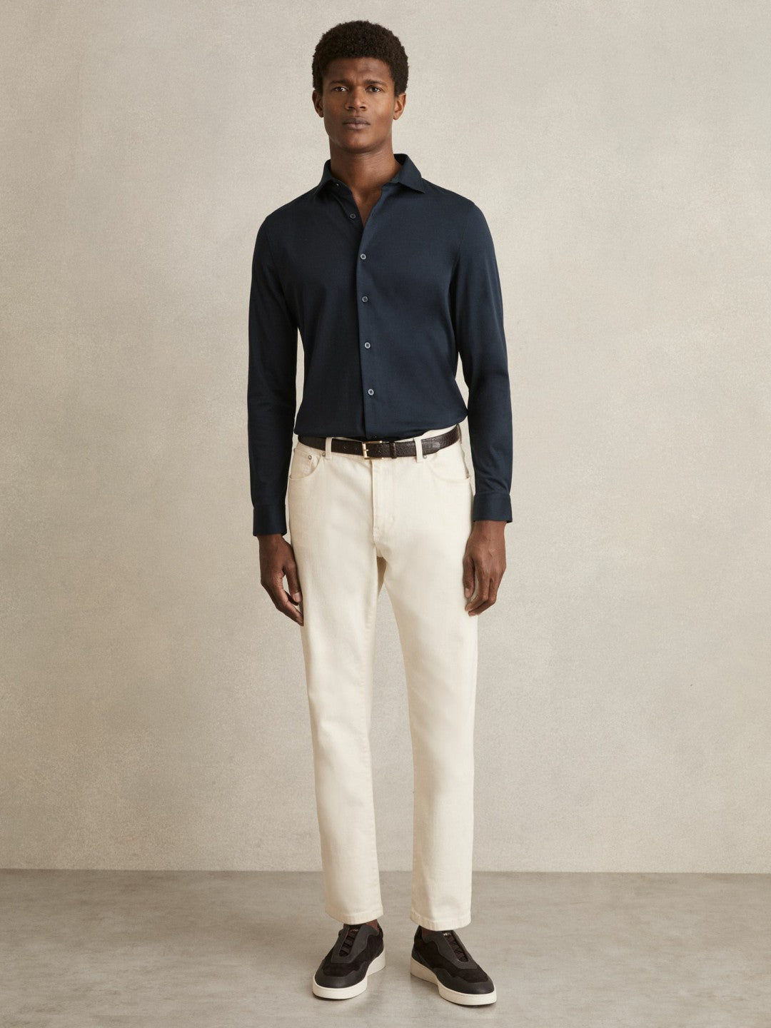 Cotton-Jersey Button-Through Shirt in Navy | Reiss Men Premium