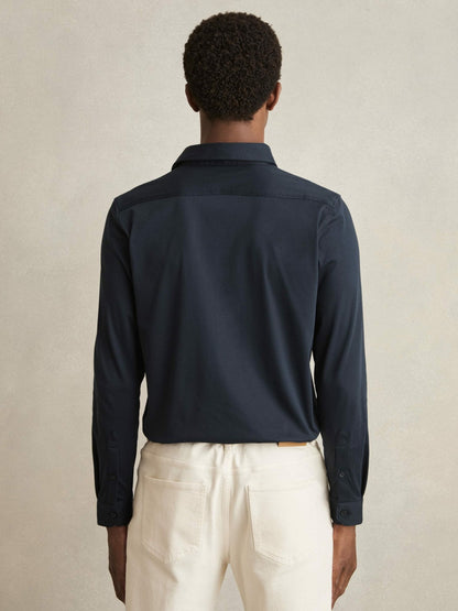 Cotton-Jersey Button-Through Shirt in Navy | Reiss Men Premium