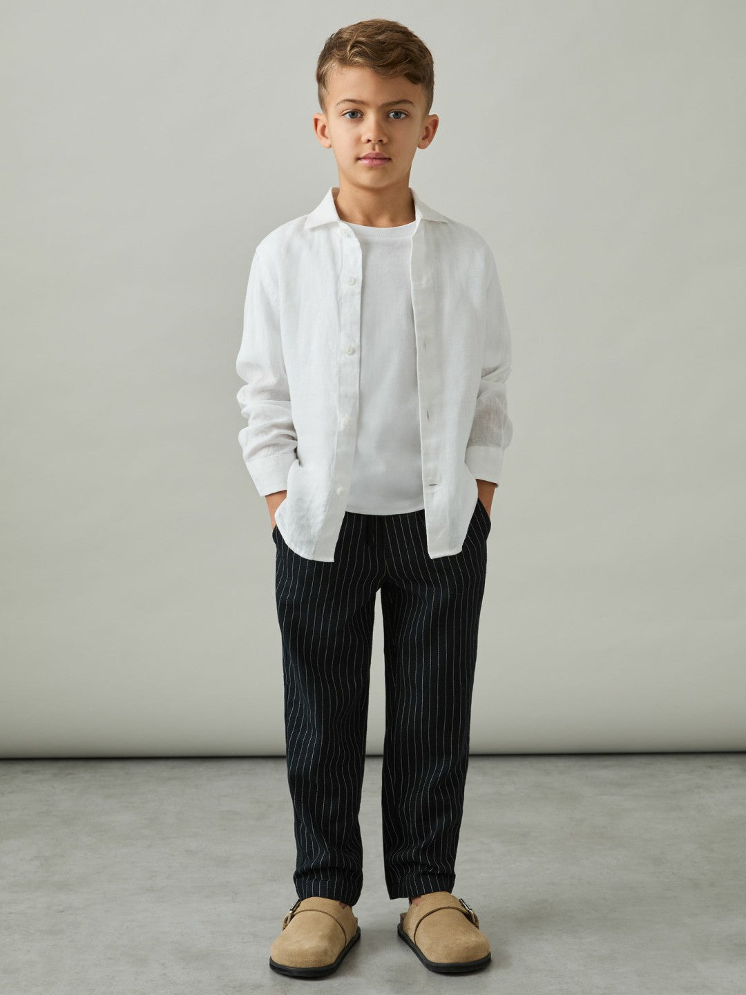 Linen-Blend Drawstring Trousers in Navy Stripe | Reiss Children & Baby Premium