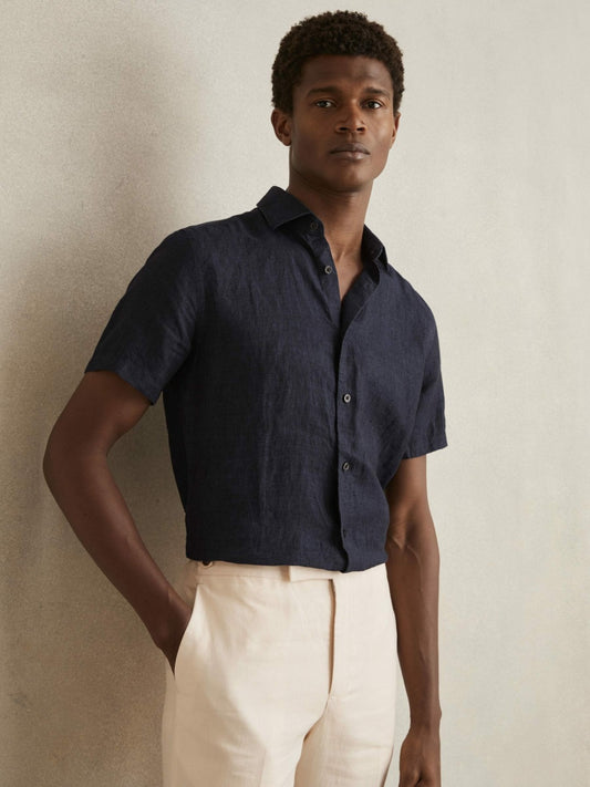 Slim Fit Linen Button-Through Shirt in Navy | Reiss Men Signature