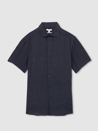 Slim Fit Linen Button-Through Shirt in Navy | Reiss Men Signature