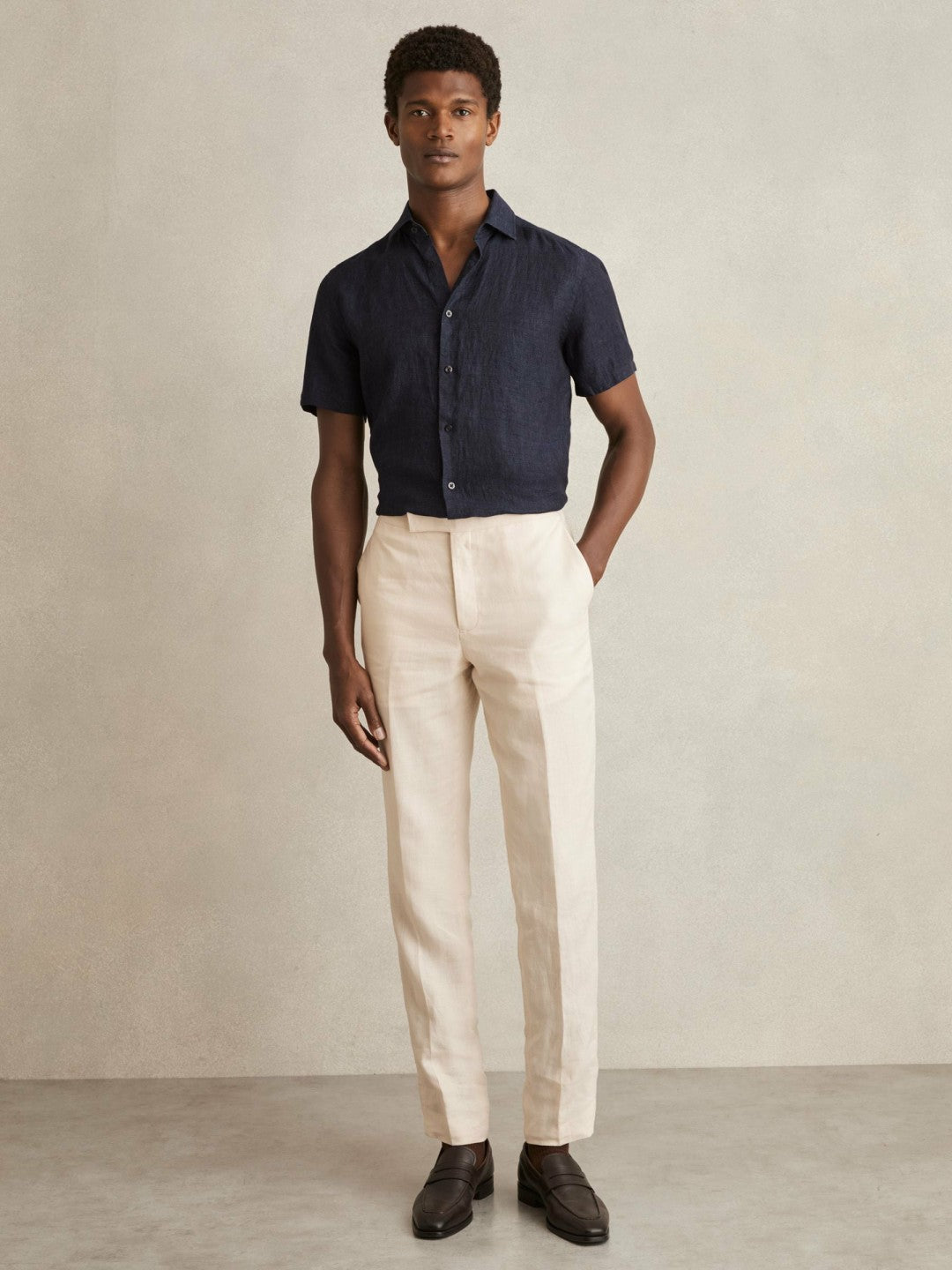 Slim Fit Linen Button-Through Shirt in Navy | Reiss Men Signature