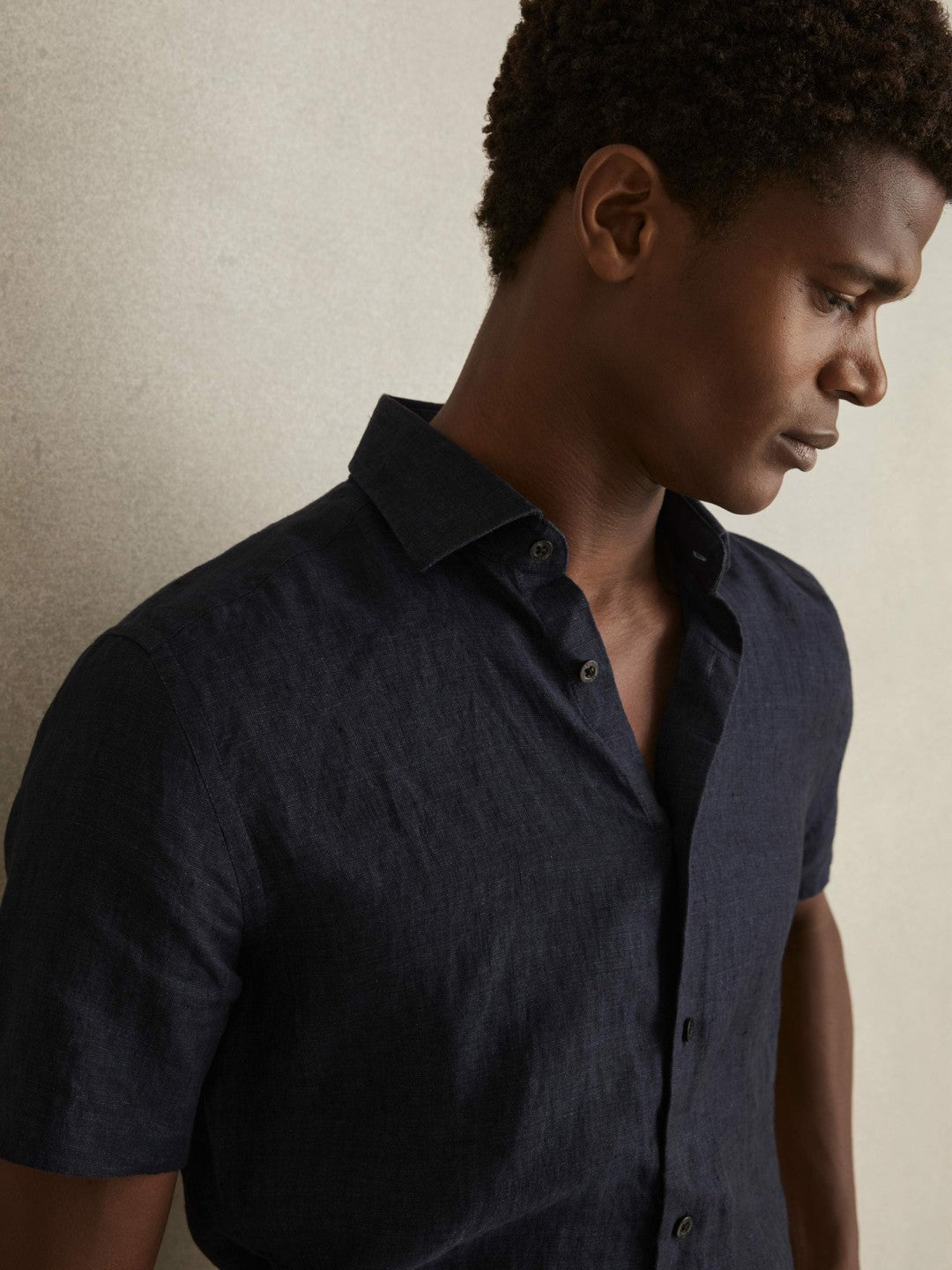 Slim Fit Linen Button-Through Shirt in Navy | Reiss Men Signature